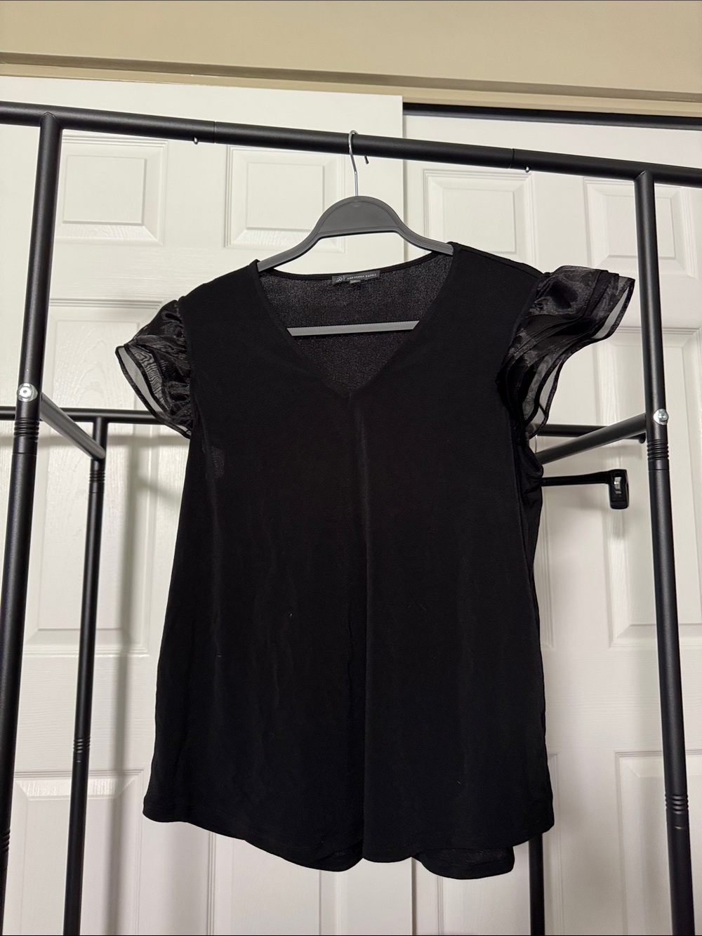 Black Flutter Sleeve V-Neck Women's Top